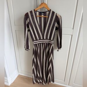 Zara Brown & Cream Striped V-Neck Midi Dress